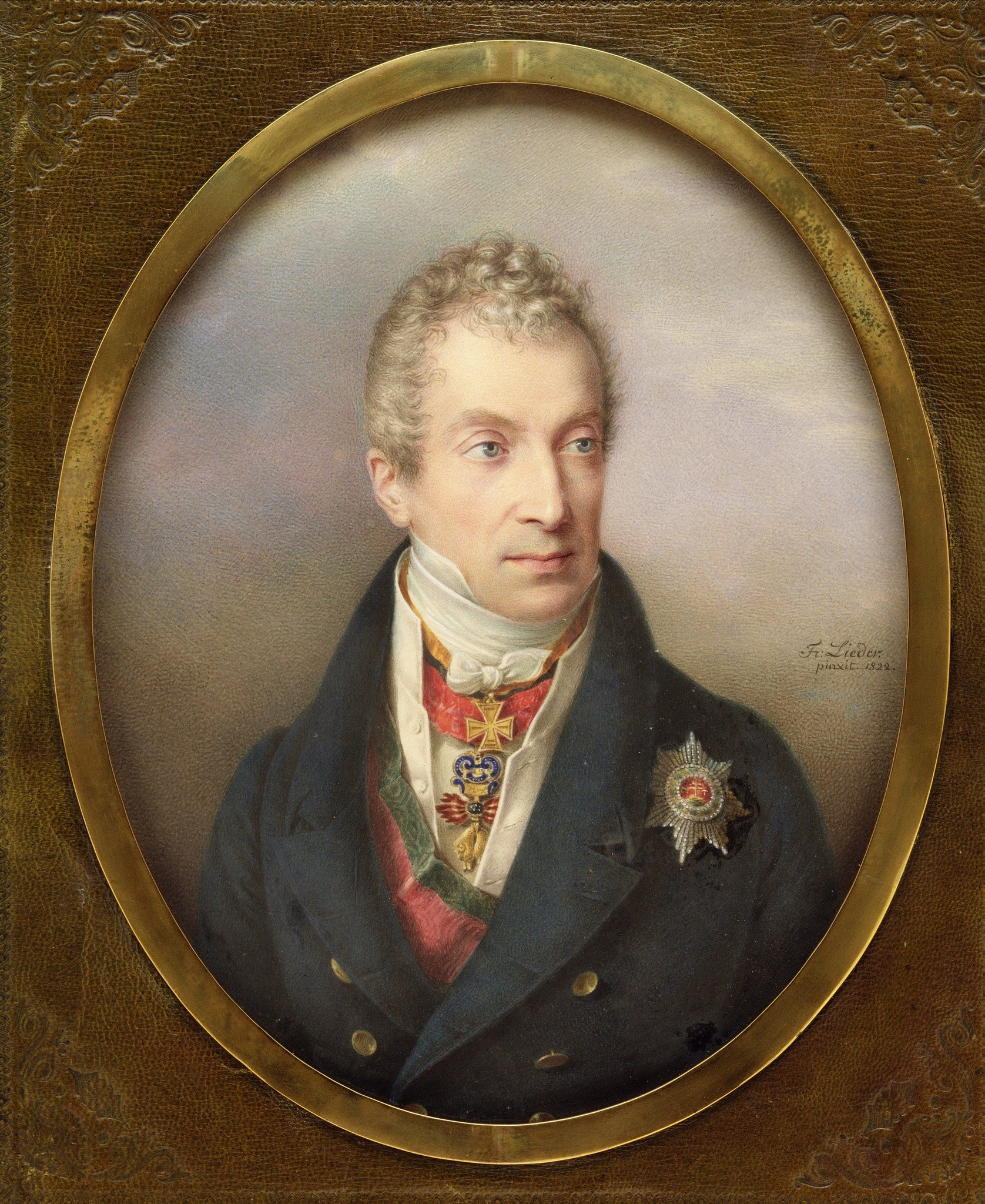 The oval miniature format was the standard vehicle for diplomatic gifts between courts; the medium itself says this portrait was made to be carried or given, not hung
