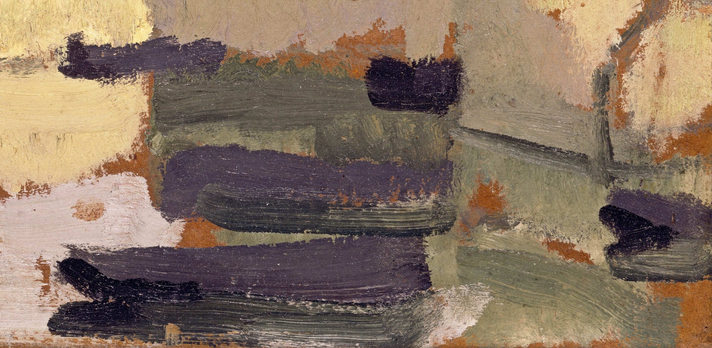 His brushstrokes are rough, almost scraped onto the wood.