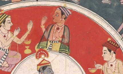 A central medallion depicts Krishna as a child on a swing.