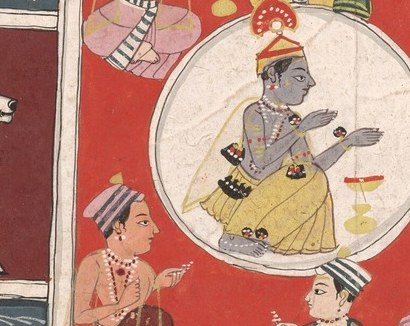 On the left, Krishna, with blue skin, plays the flute.