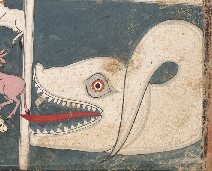 On the right, a man confronts a monstrous shark.