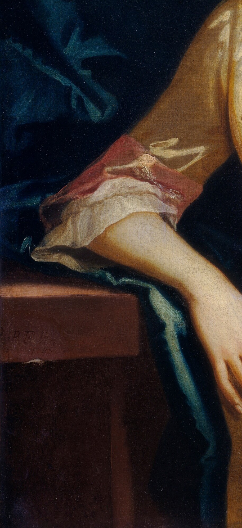 These crimson sleeves are a signature of the artist's style.