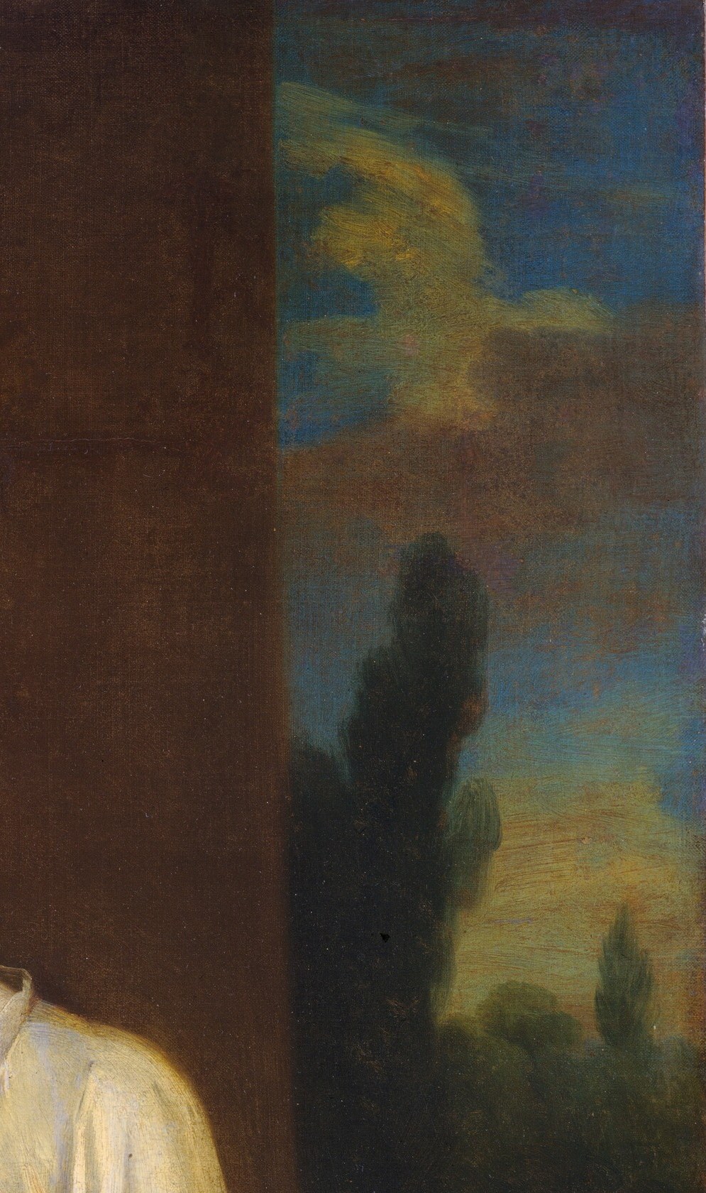A deliberately emptied field , no window, no landscape , that forces psychological weight entirely onto the sitter; on close inspection the tone shifts subtly, hinting at a dark wall or curtain