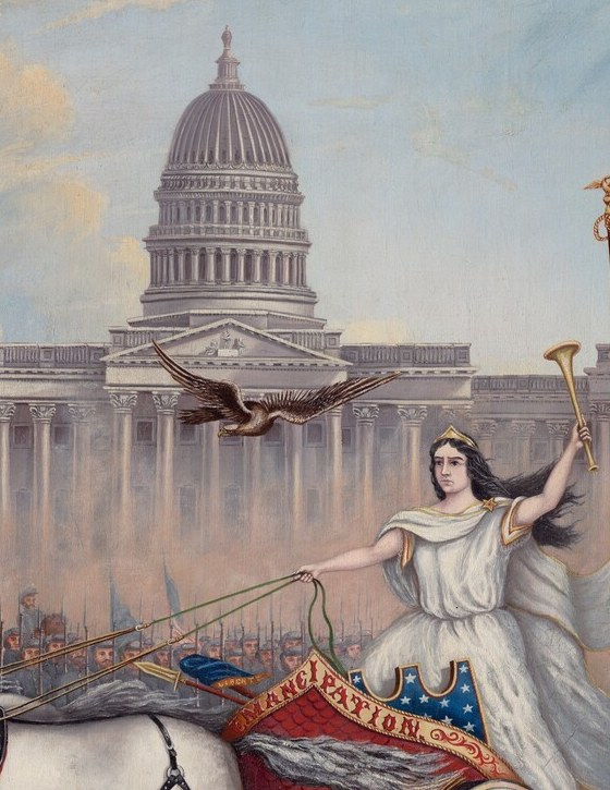 The compositional apex of the entire painting , her upward gesture directs the eye to both the flag and the Capitol, embodying the Proclamation as an act of divine national will rather than mere politics.
