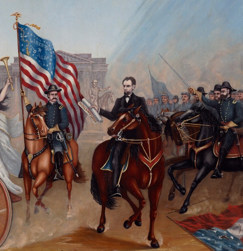 The uniformed escort grounds the allegory in actual military authority , their presence confirms that force of arms, not just rhetoric, enforced the Proclamation.