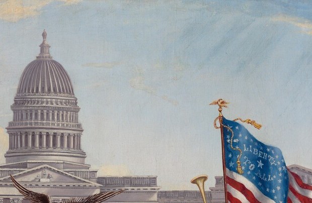 Places the allegory explicitly in Washington DC and grounds it in legislative legitimacy; the dome appears almost as a halo behind the central figure, a compositional choice that equates the act with the state.