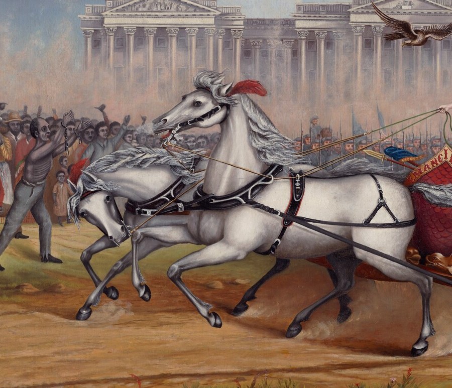 White horses carry classical associations with triumph and purity; their forward surge creates the painting's kinetic energy and contrasts sharply with the weight of history the scene commemorates.
