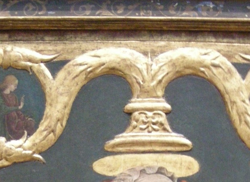 Quattrocento decorative halo without illusionistic glow , marks sanctity through symbol rather than light, a deliberate theological choice visible in Ferrarese painting.