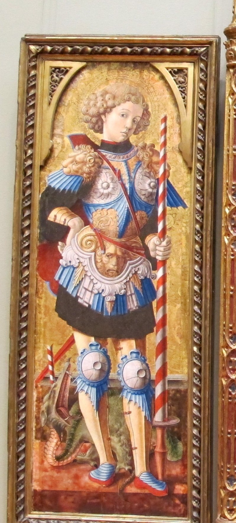 His stern expression and protective stance suggest a role as a guardian or defender of faith.