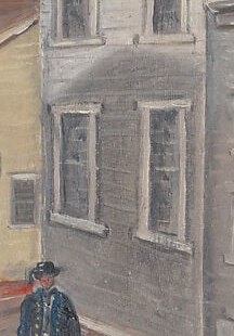 A lone bystander observing the street , his stillness contrasts with the moving wagon, making him a witness-figure for the viewer.