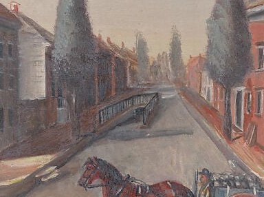 A wagon full of goods, pulled by a pair of strong horses.
