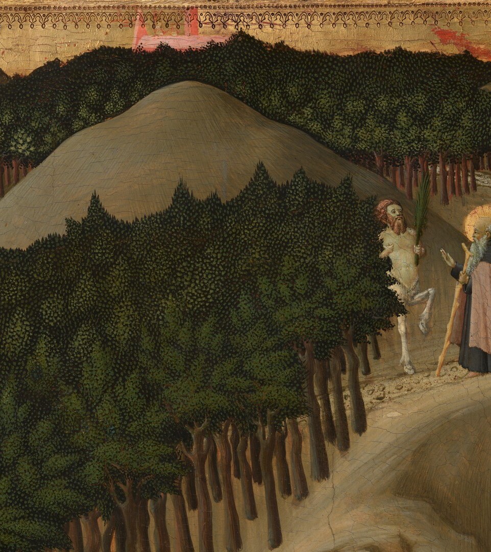 Near-black foliage rendered in a flat, decorative Sienese manner , the trees function as a dark curtain that frames the narrative path and creates drama through contrast with the pale desert road.