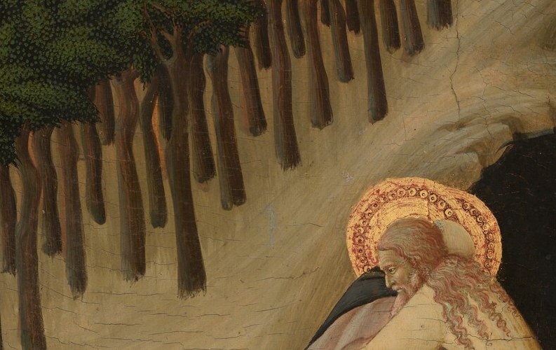 Two overlapping gold discs confirm sainthood and create a visual rhyme , the symmetry signals equality between the hermits, a deliberate theological statement.