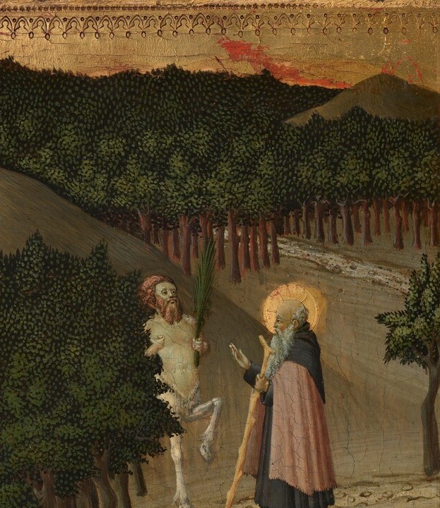 A passage of landscape painting in soft green against the dark trees , the colour shift signals civilized distance, emphasizing how deep into the desert the saints have withdrawn.