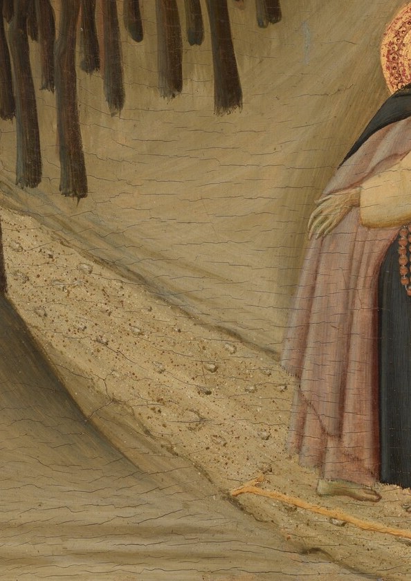 The heavy, enveloping mantle is painted with careful drapery folds in tempera , it visually anchors the left figure and signals monastic austerity against the pale desert ground.