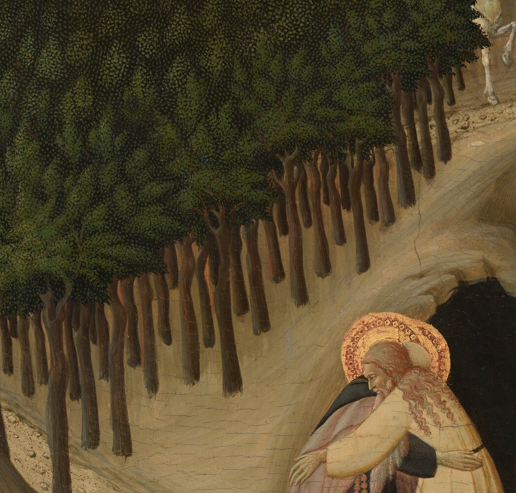The pale sandy road is both compositional spine and theological metaphor , the viewer's eye travels the same perilous route through the wilderness that Saint Anthony walked.