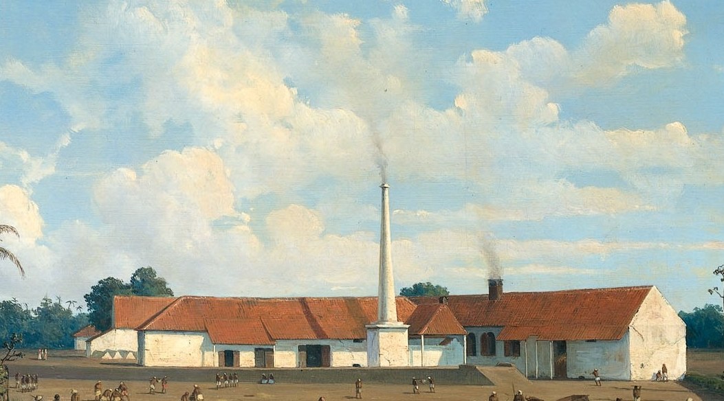 The central structure of the painting, showcasing colonial architecture and the scale of the operation.