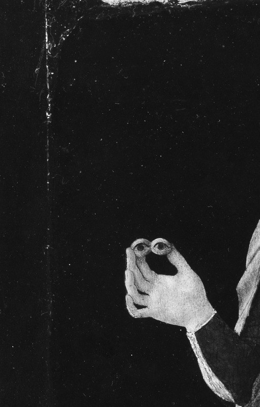 The flat, near-black ground common in early 16th-century devotional panels strips the scene of setting, placing Lucy in timeless sacred space rather than historical narrative.