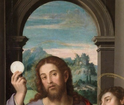 The most luminous face in the scene; soft idealized features and the radiant halo make this the devotional focal point a viewer's eye returns to.