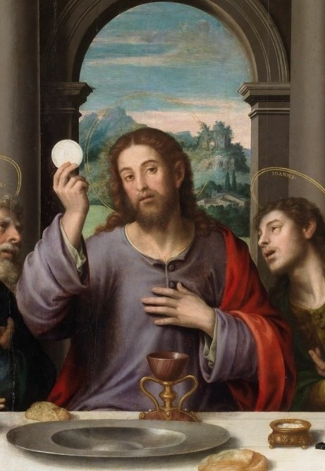 Christ raises the host. The apostles reel back.