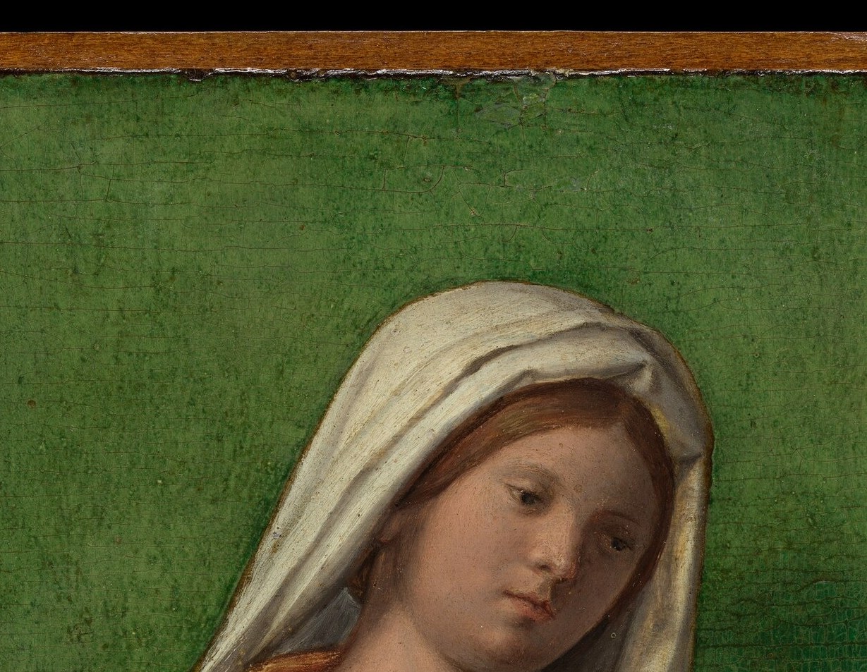 The Virgin's tilted head and half-closed eyes convey tender maternal contemplation , the emotional anchor of the whole composition.