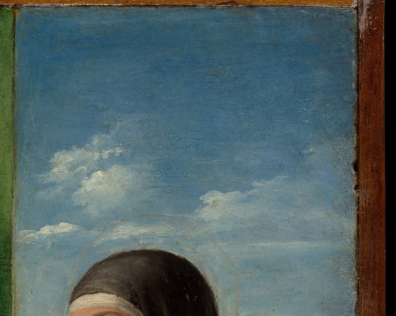 Clare wears a nun's white veil and black habit; her calm, slightly averted gaze balances the emotionality of Francis opposite.