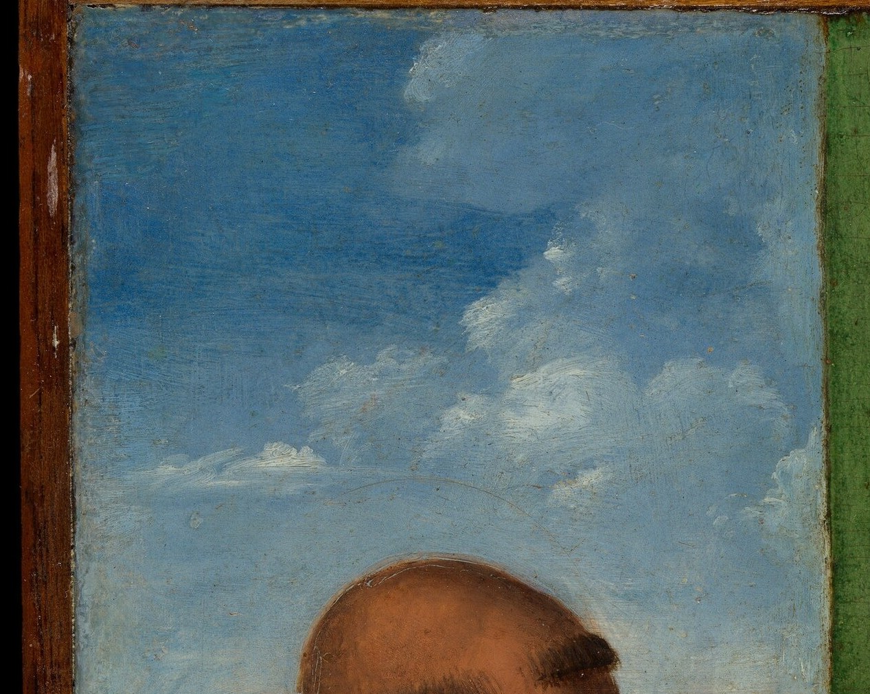 Francis's slightly furrowed brow and upward look suggest devotional ecstasy , identifiable by his Franciscan habit.