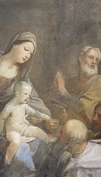 Mary cradles the Christ Child, receiving royal visitors.
