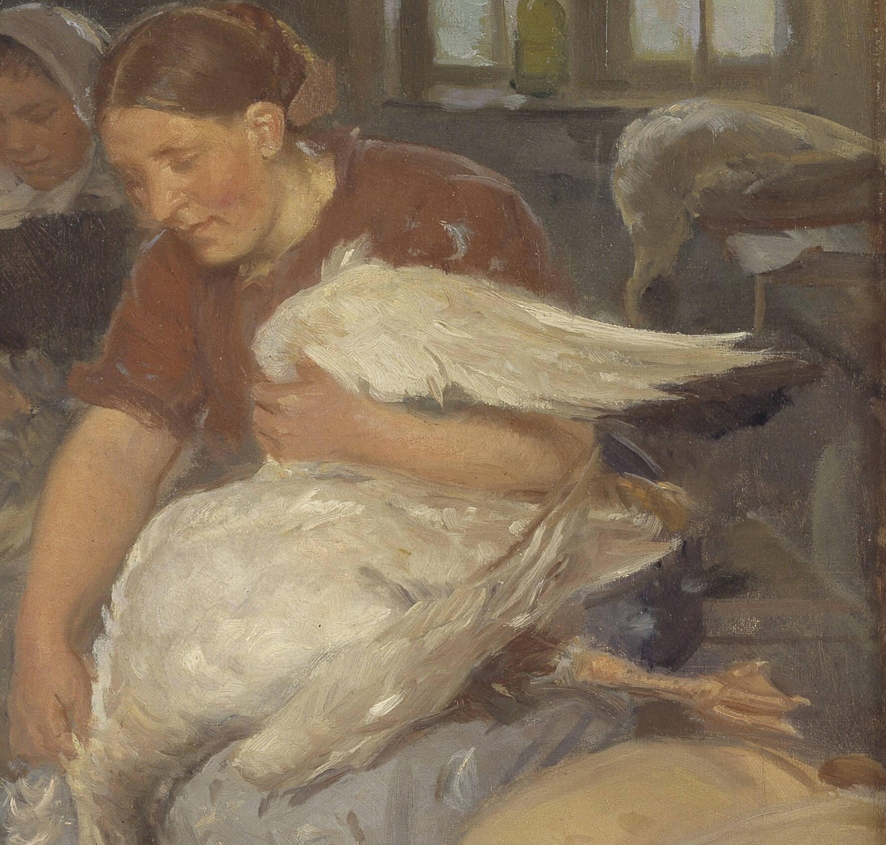 The goose's brilliant white plumage is Ancher's Impressionist showcase , light scatters across feathers, making it the luminous focal anchor of the composition.