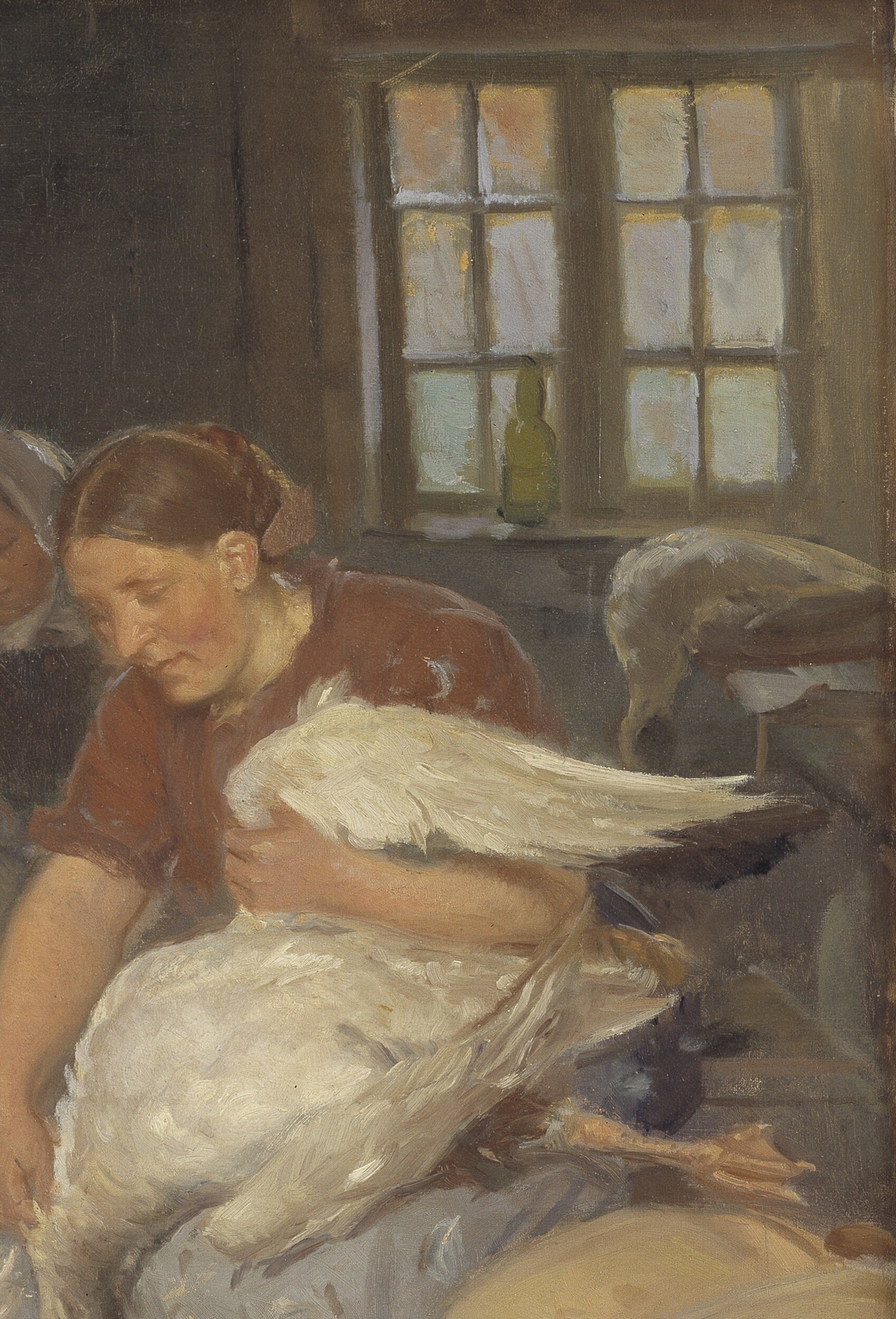 Her youth and posture contrast with the older women; she is actively restraining a large goose, showing the physicality of the task.