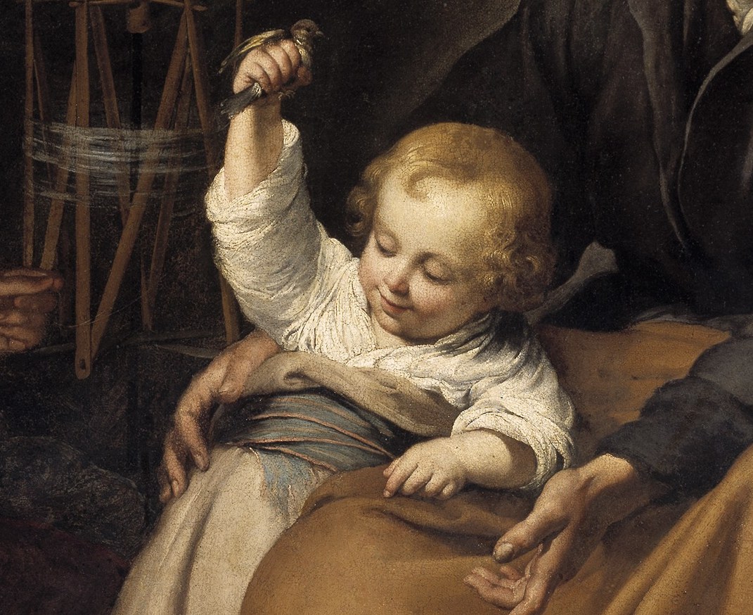 His joyful expression and outstretched hand towards the bird convey innocence and divine playfulness.