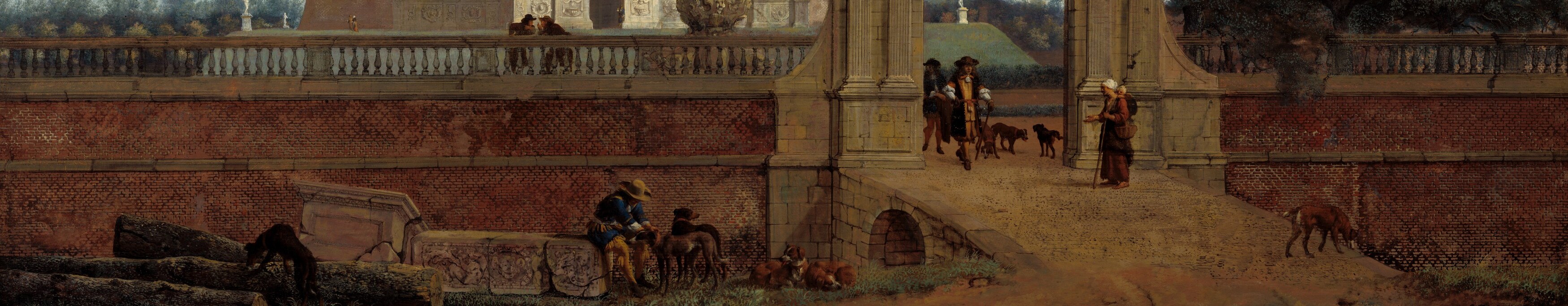 The rough texture of the brickwork contrasts with the smooth stone of the architecture, grounding the scene.