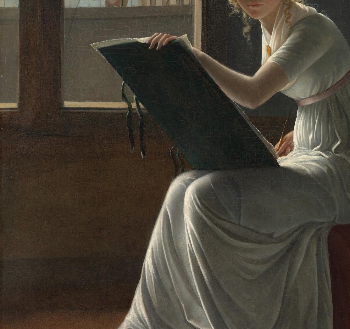 Identifies the sitter as draughtswoman or student artist, making this a rare Neoclassical image where a woman is defined by her creative practice, not her social role
