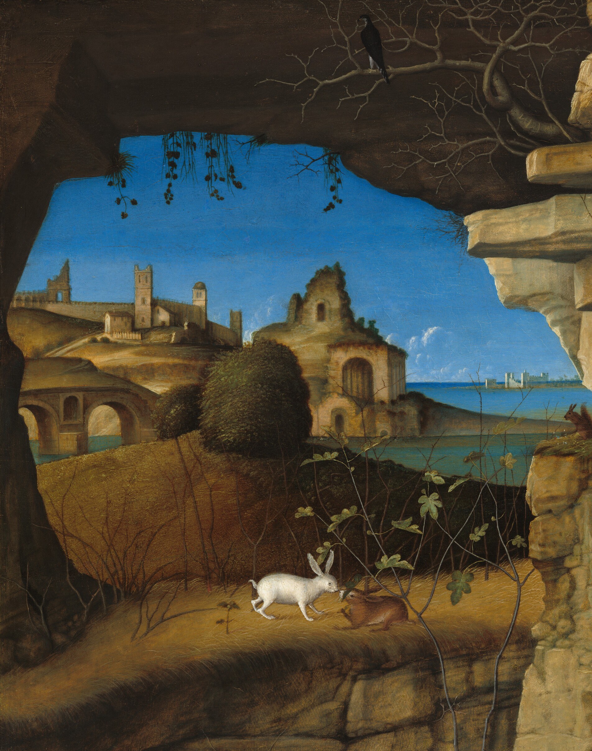 Look at the rock arch that surrounds him.