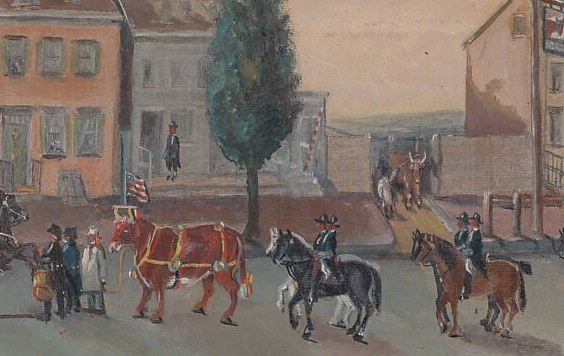 Hitched or being held outside the tavern, they define the social rhythm of the era , the tavern was also a horse-trading hub in early New York
