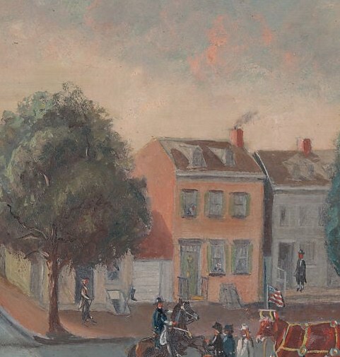The actual structure , modest Federal-style commercial building , grounds the scene in a specific now-vanished block of NYC