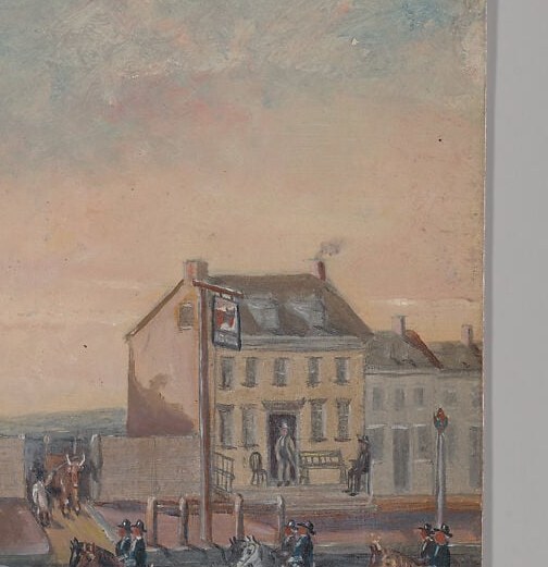 A grander commercial or residential block that contextualizes the tavern as part of a prosperous commercial strip, not an isolated establishment