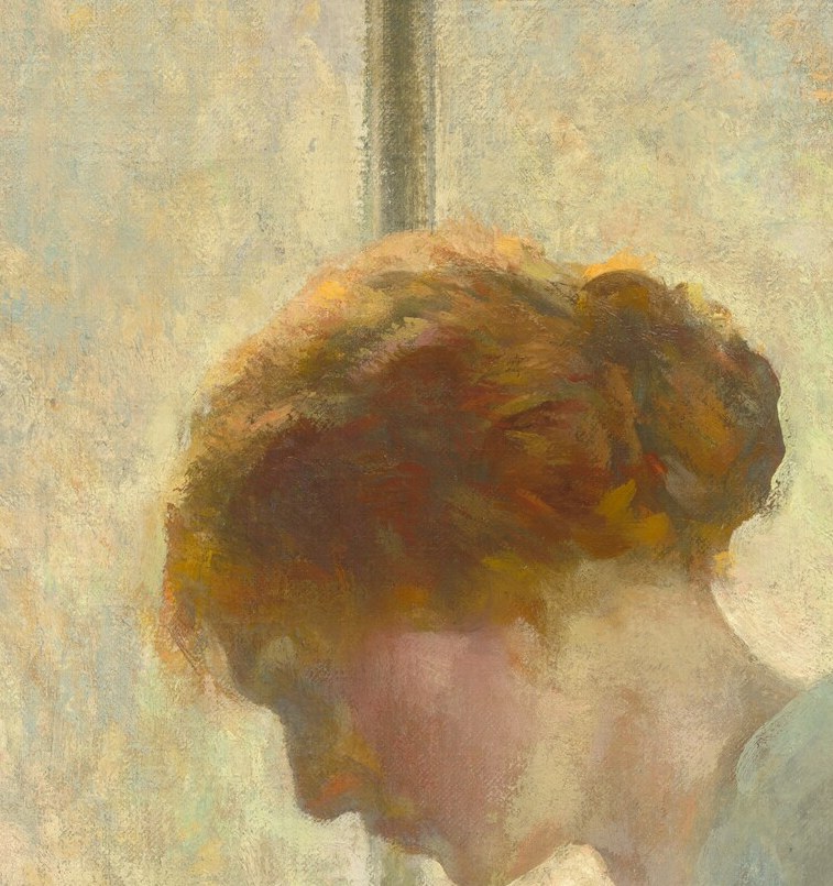 Her vibrant red hair glows, a focal point of the scene.