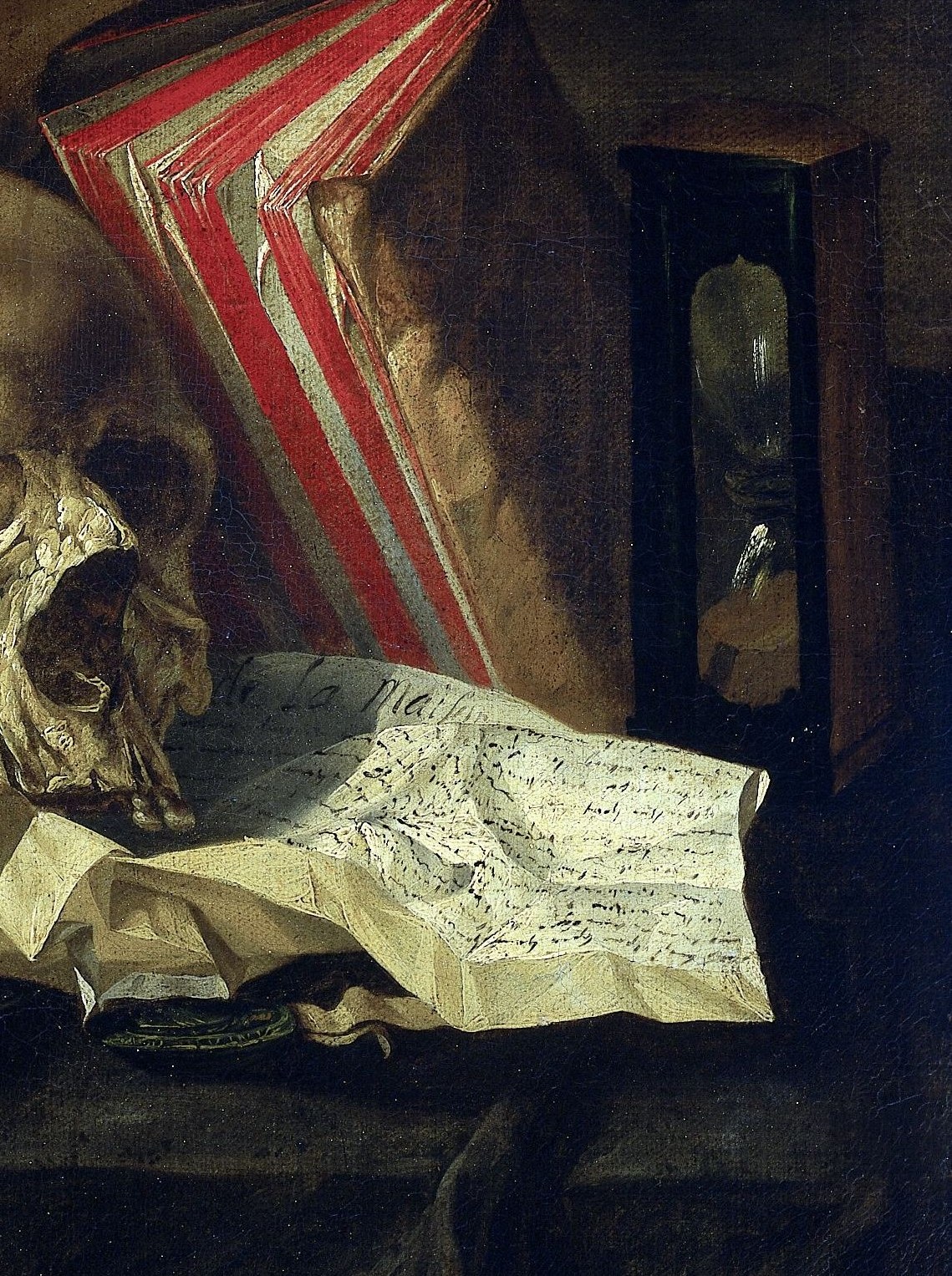 Books closed while the central folio lies open: accumulated learning abandoned mid-pursuit; the layered spines suggest a library's worth of effort, all set down