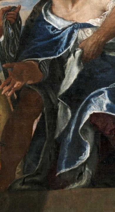 His blue robe, with its rich folds, hints at his noble spiritual status.