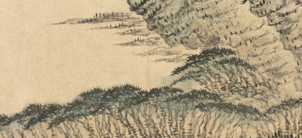 Notice the delicate, clustered brushstrokes for the pine forests.