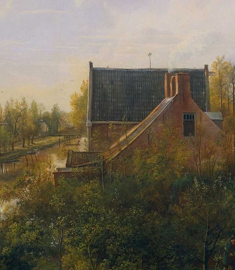 the dominant architectural anchor of the composition; its solid geometry and dark roof create the strongest value contrast in the painting and pull the eye immediately from the soft natural surroundings