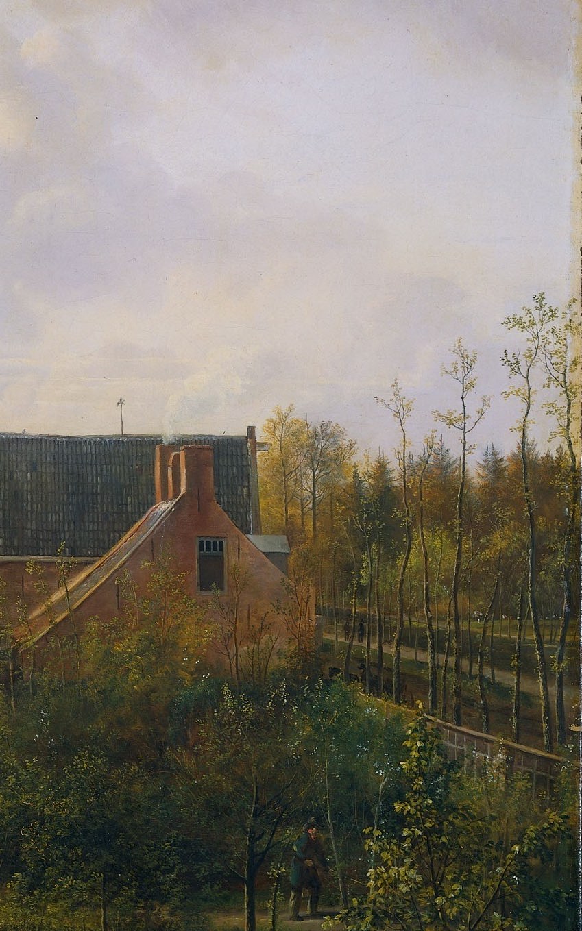 a wall of deep green foliage that frames the composition on the right; the variety of leaf textures and depth of shadow is where the painter's hand is most visible