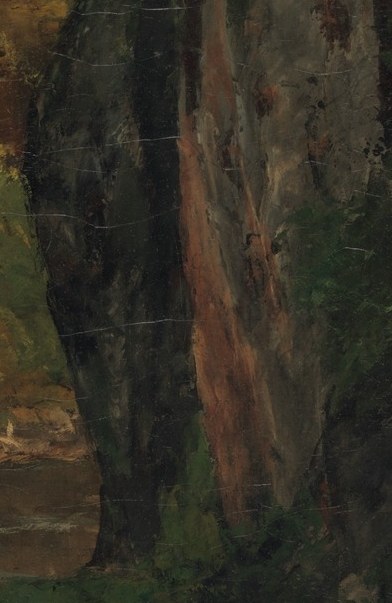 Observe the thick, textured brushstrokes on these tree trunks.