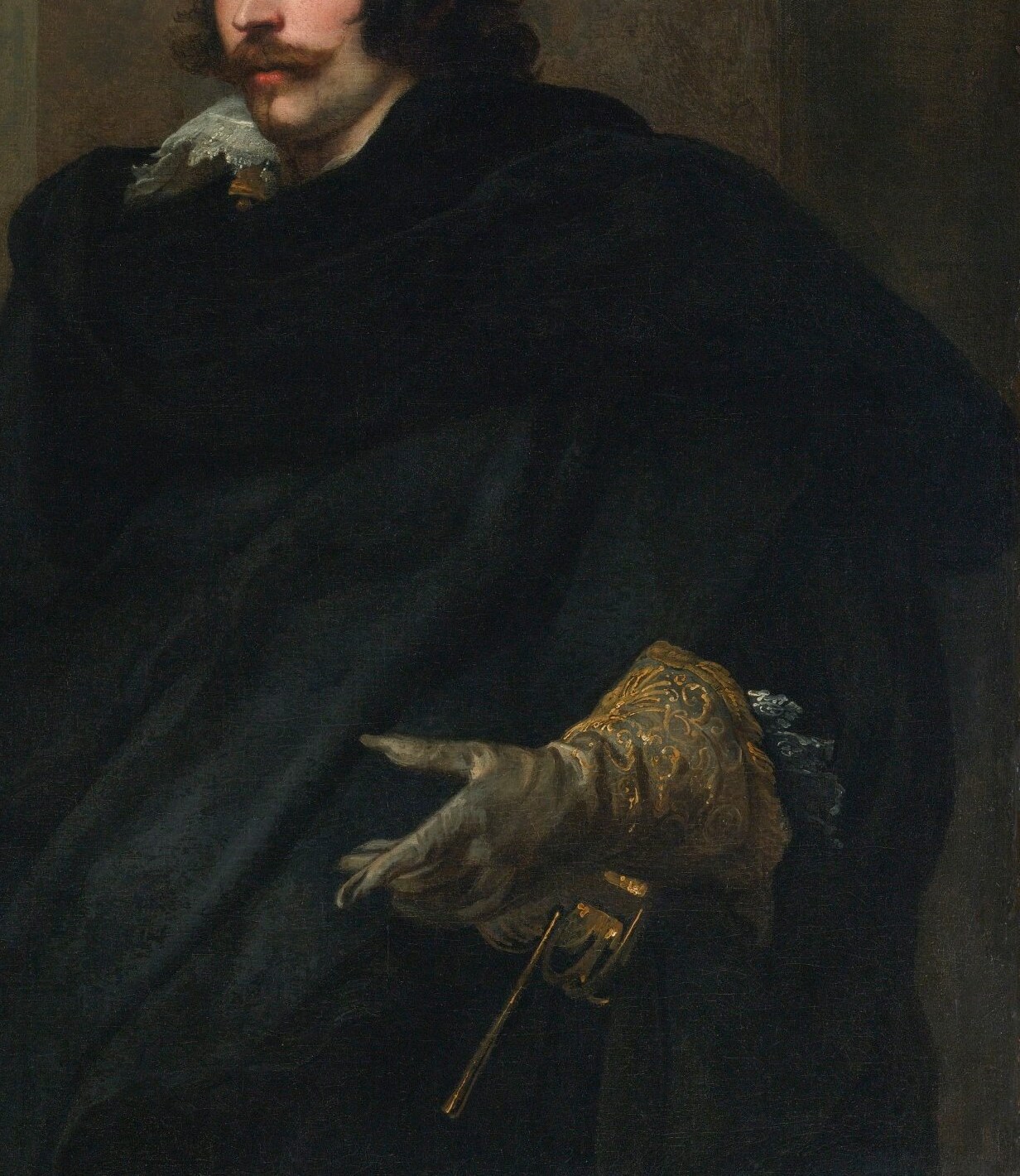 The voluminous, dark cloak dominates the composition, emphasizing the sitter's presence and wealth through its rich texture and shadow.