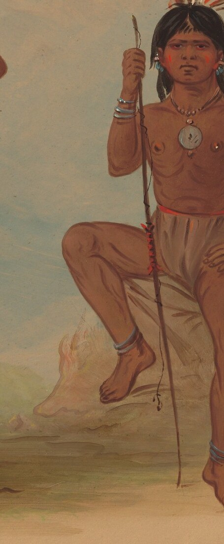 The spear held by the right figure signifies power and status.