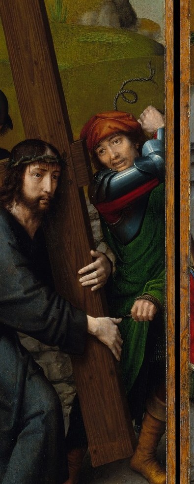 Gleaming plate armor against the drab crowd , Gerard David's precise metalwork rendering is a technical showpiece