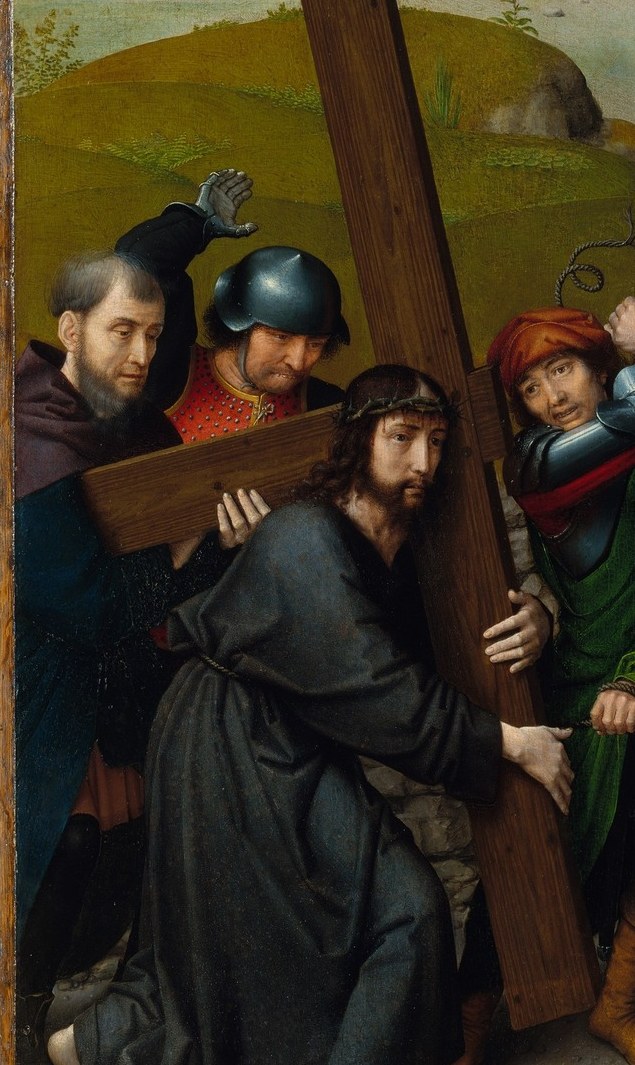The central figure of the left panel, face downcast under the weight of the cross , the emotional anchor of the entire composition