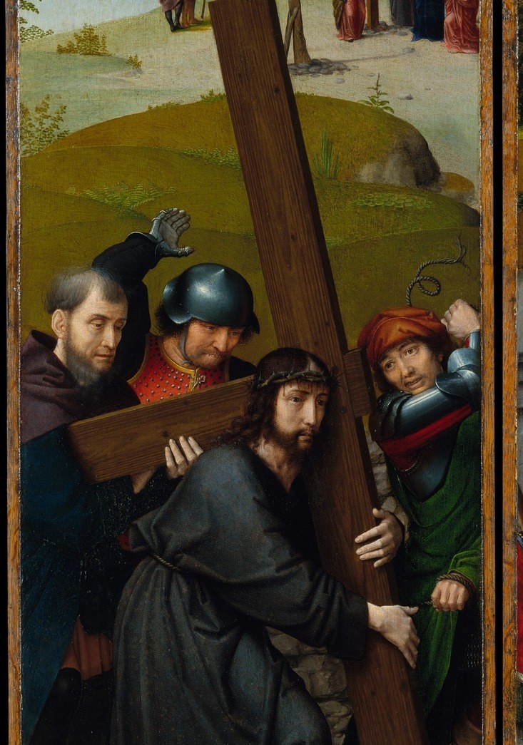 The diagonal thrust of the cross cuts across the panel, creating a compositional line that unifies the suffering crowd