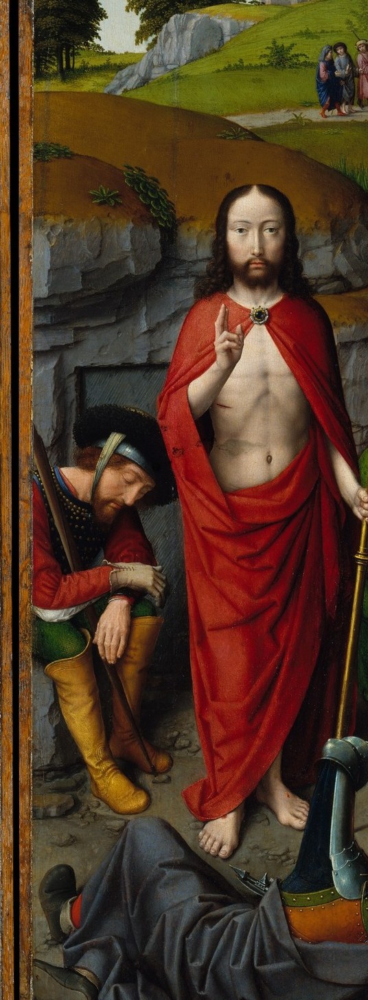 Bare-chested and luminous, the risen figure's pose and flag-bearing staff is a visual contrast to the bowed Christ just panels away
